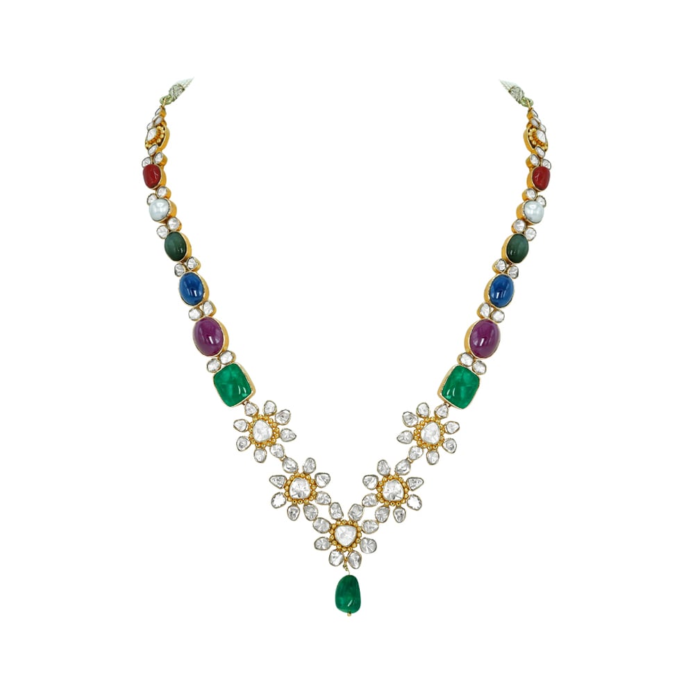 Navaratan Floral Necklace with Polkis, Emeralds, Rubies, and Pearls